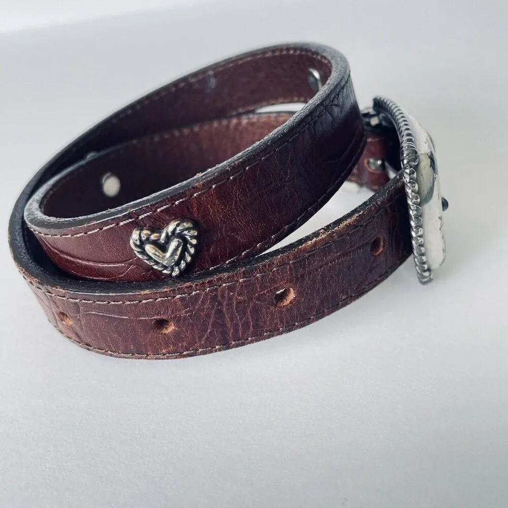 Brighton Kids Brown Leather Belt 27 Inches Silver Toned Buckle and Heart Conchos